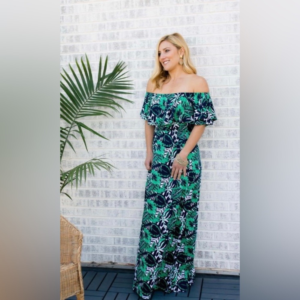 Palm Leaf Ruffle Maxi Dress